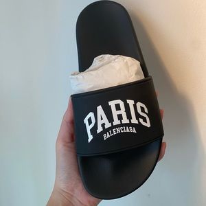 balenciaga pool slide print logo cities